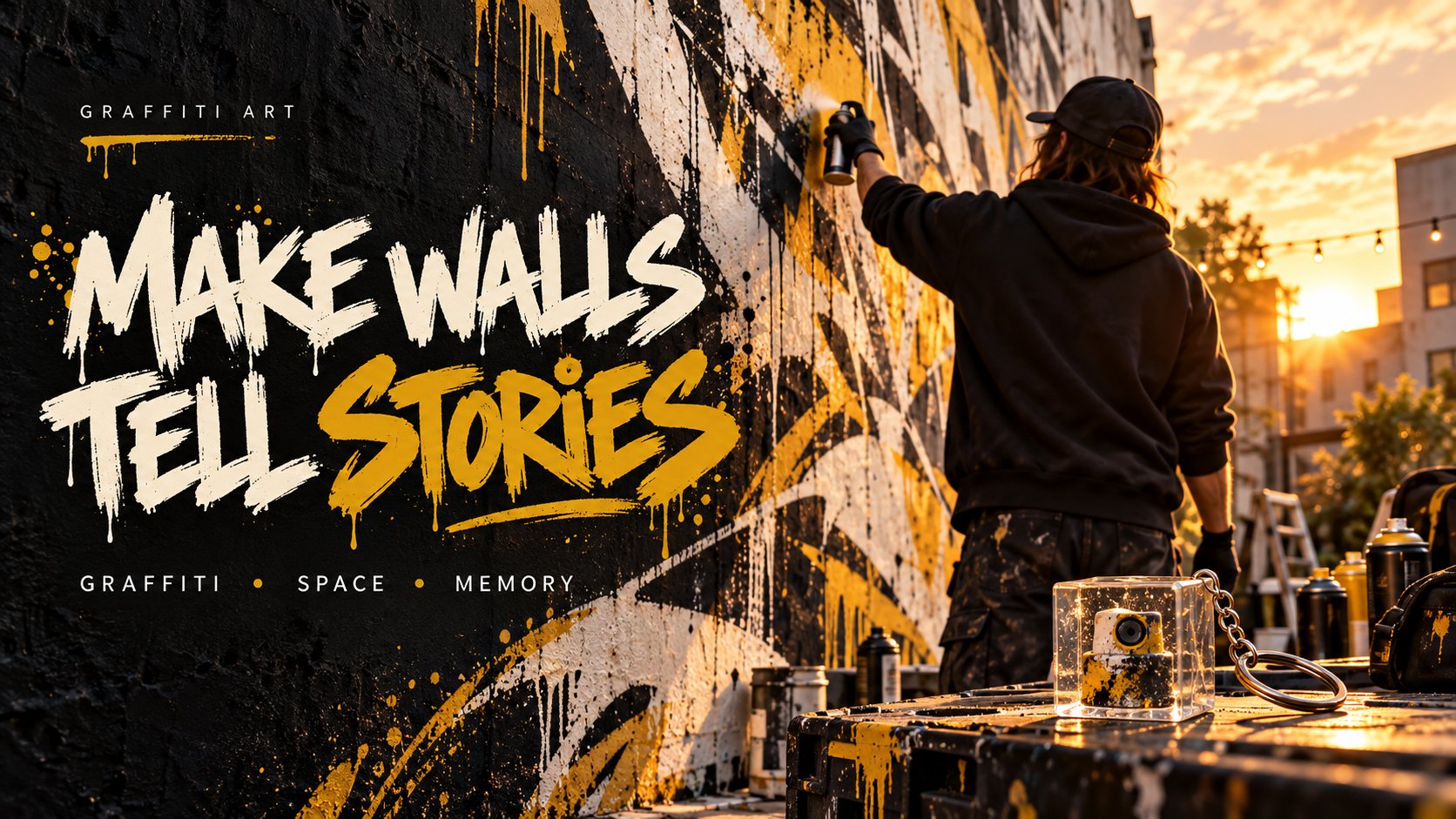 GRAFFITI ART — MAKE WALLS TELL STORIES. GRAFFITI · SPACE · MEMORY. 해 질 녘 벽에 스프레이로 그래피티를 그리는 작가